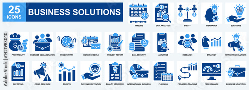 Business Solutions icon set collection. Timeline, Inspirations, Strategy, Solutions, Equity, Productivity