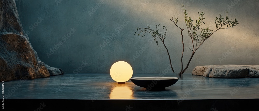 Serene Zen Garden: Minimalist Still Life with Illuminated Bowl and Bonsai