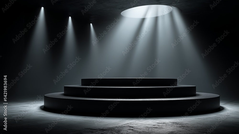 Obraz premium Dramatic Black 3D Round Stage with Sharp Light Effects in a Dark Environment
