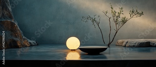 Obraz na płótnie Serene Zen Garden: Minimalist Still Life with Illuminated Bowl and Bonsai w salonie