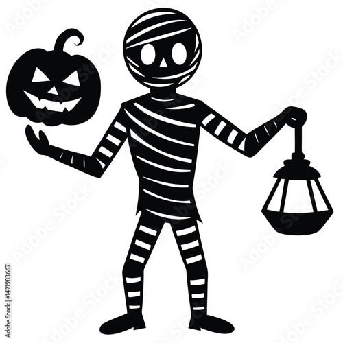  A mummy character holding a pumpkin lantern, cartoon, white background 
