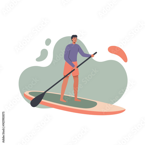 Stand up paddleboarding man on board with paddle enjoying water sport activity vector illustration 