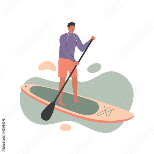 Man Paddleboarding on Stand Up Paddleboard Wearing Purple Shirt and Orange Shorts Vector Illustration 