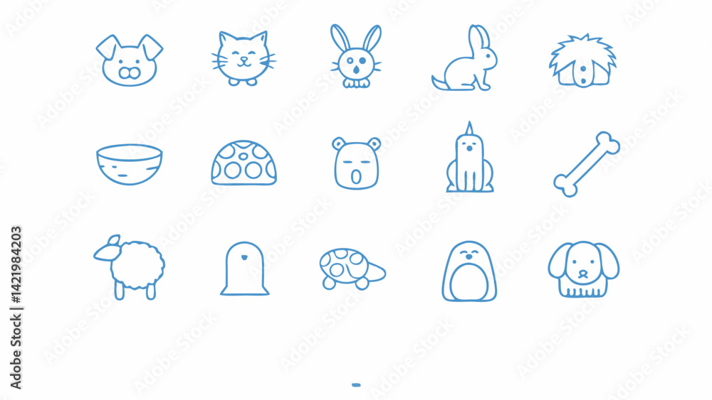 Set of Minimal Blue Line Art Icons Representing Common Pet Animals Set of Minimal Blue Line Art Icons Representing Common Pet Animals
