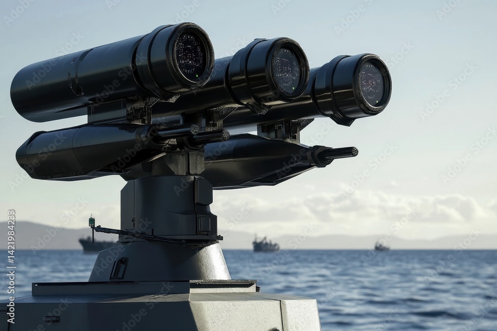 Modern surveillance equipment on a vessel monitors the surrounding waters during daylight hours Modern surveillance equipment on a vessel monitors the surrounding waters during daylight hours