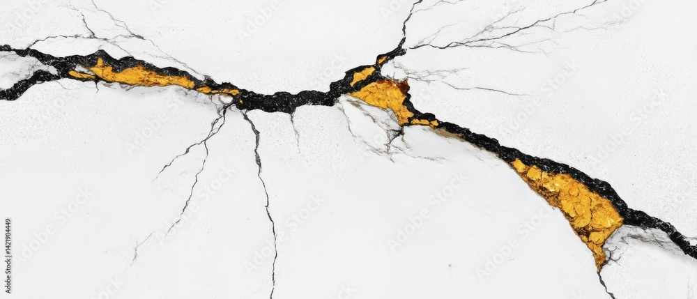 Abstract Crack, Gold and Black on White Surface