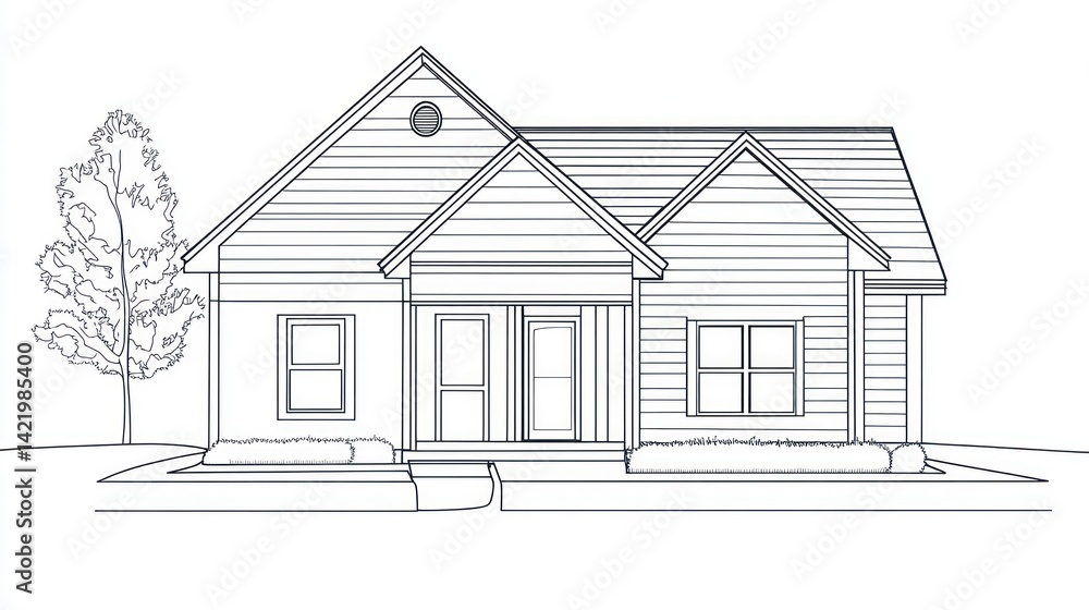 Simple House Front View Drawing, Suburban Design, Exterior Perspective, Home Plan Simple House Front View Drawing, Suburban Design, Exterior Perspective, Home Plan
