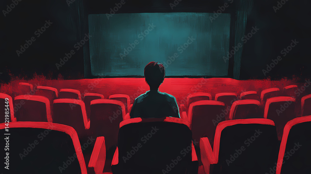 A darkened movie theater with one person sitting in the back row, watching a sad film alone, immersed in their emotions. Wistful Wake. Illustration