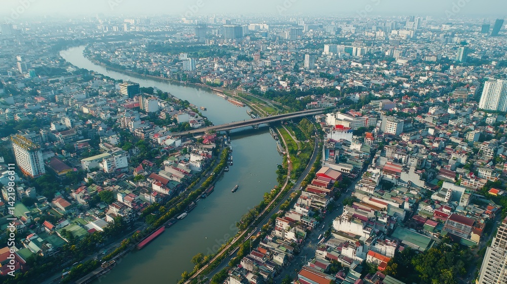 Aerial View of Saigon River, Ho Chi Minh City, Vietnam: A Stunning Panorama of Urban Landscape and Waterways Aerial View of Saigon River, Ho Chi Minh City, Vietnam: A Stunning Panorama of Urban Landscape and Waterways