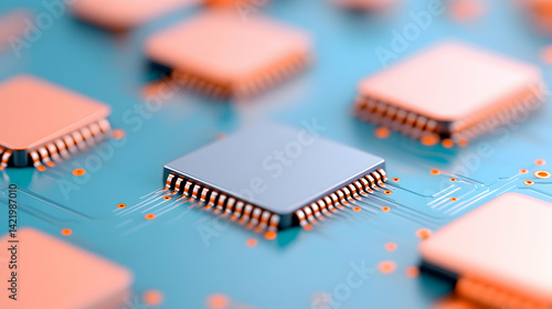 Close-up View of Microchips on a Teal Circuit Board