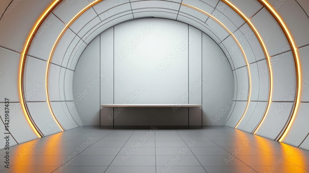 Obraz premium Futuristic stainless steel dining pod with curved metallic walls, dynamic lighting, and a floating table concept