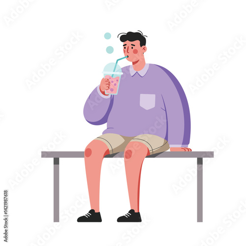 Young man sitting on bench drinking beverage with straw in casual outfit vector illustration 