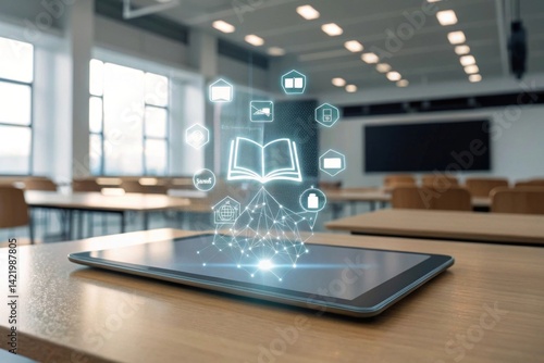 Digital tablet with glowing icons of books Digital tablet displaying holographic educational icons in a modern classroom setting.