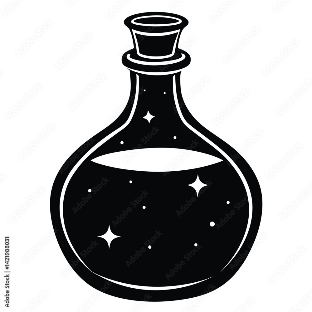 A witch’s potion bottle with glowing liquid, isolated illustration, white background A witch’s potion bottle with glowing liquid, isolated illustration, white background