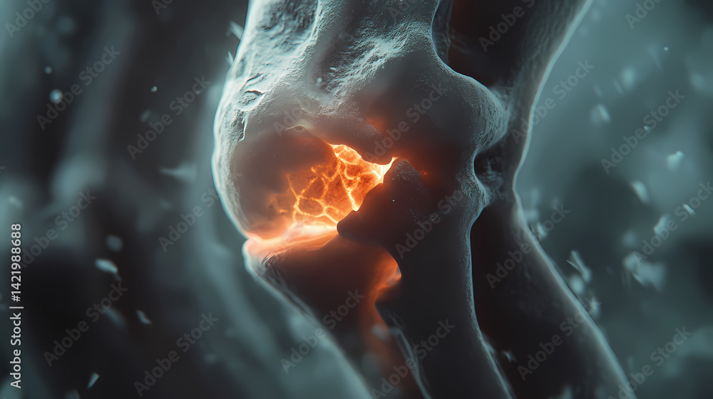 Close-up of a knee joint highlighting pain, showcasing human anatomy, focus on injury, and medical visualization for health awareness. Psyche Swell. Illustration