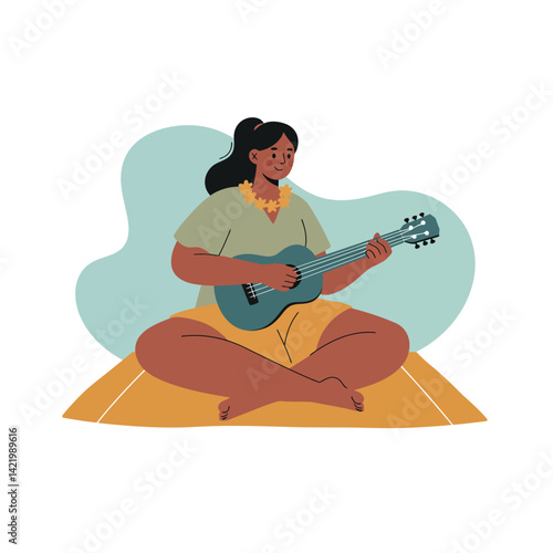 Woman playing guitar sitting cross-legged on cushion vector illustration in relaxed mood 