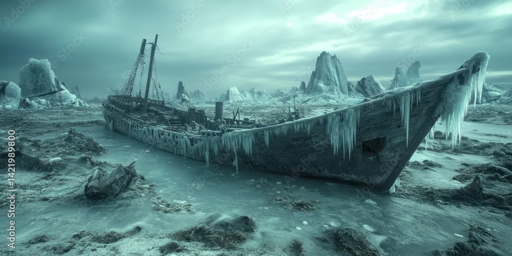 Frozen Shipwreck in Arctic Landscape: A Chilling Scene of Nature's Power