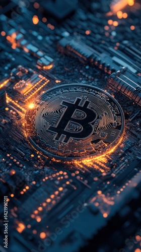 Obraz na płótnie Bitcoin on Circuit Board: Digital Currency and Technology w salonie
