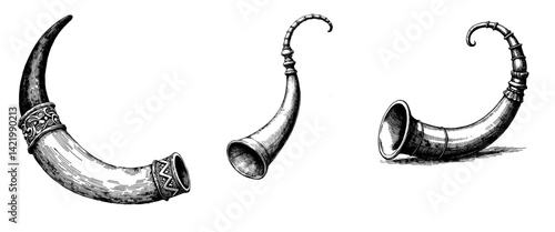 Vintage black and white sketch of intricately detailed shofar horns on a white background, ideal for religious publications and educational blogs