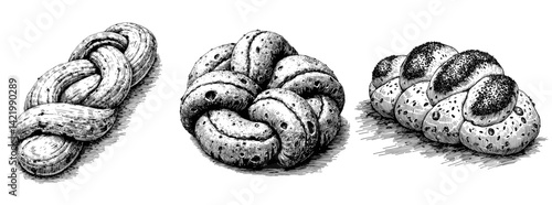 Vintage black and white sketch of braided challah bread showcasing intricate textures, perfect for culinary blogs or greeting cards