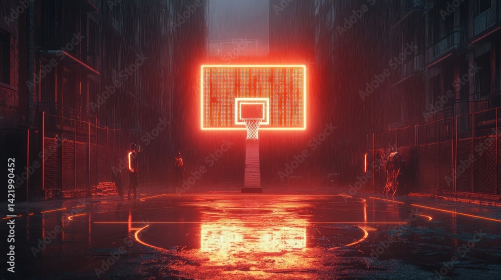 Neon Night Hoops: Rain-Soaked Urban Basketball Court