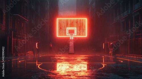 Obraz na płótnie Neon Night Hoops: Rain-Soaked Urban Basketball Court w salonie