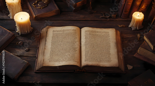 Obraz na płótnie Ancient manuscript pages with faded ink and ornate typography lay open on a worn wooden desk surrounded by leather-bound tomes and candles. Timecarved Fibers. Illustration w salonie