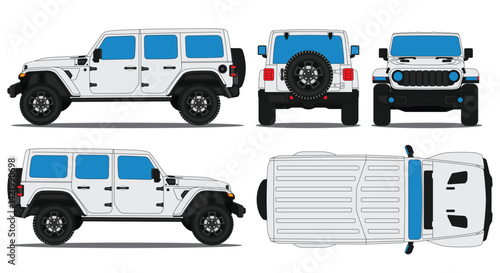 Off Road Car Vector. Side, Front, Back, Top Views Isolated Background