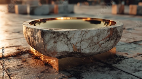 Stunning Circular Bowl Reflecting Golden Hour Tones on Marble Surface