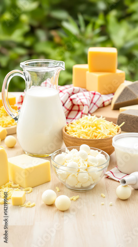 assortment of dairy products including cheese and milk