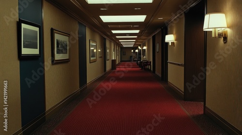 Obraz na płótnie Long Hotel Corridor with Red Carpet and Paintings w salonie