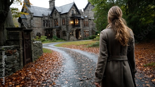 Woman Looking at a Large Victorian Style Mansion on an Autumn Evening