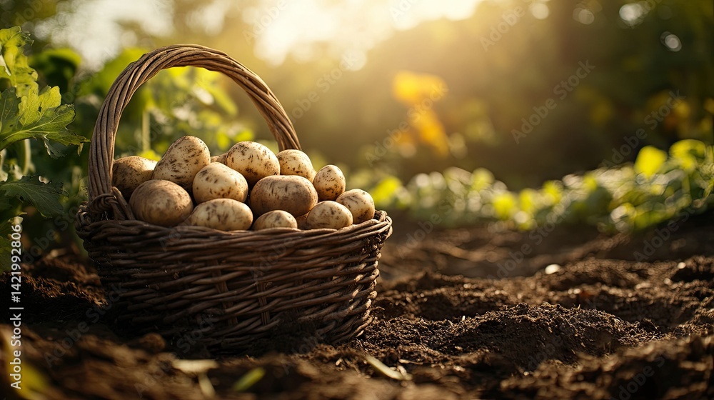 A woven basket filled with fresh vegetables, including vibrant purple sweet potatoes, an orange carrot, and a round white onion, rests on rich, dark soil. A woven basket filled with fresh vegetables, including vibrant purple sweet potatoes, an orange carrot, and a round white onion, rests on rich, dark soil.