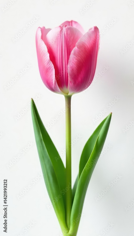 Single pink tulip flower on soft white background, petals, flower Single pink tulip flower on soft white background, petals, flower