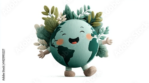 Cartoon Earth with a Smiling Face Surrounded by Greenery and Friendly Vibes