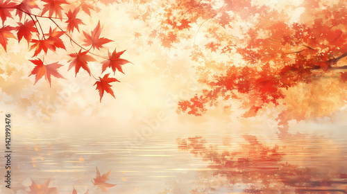 Softly glowing maples drift on tranquil waters, autumn, hazy. Hazy Waters. Illustration
