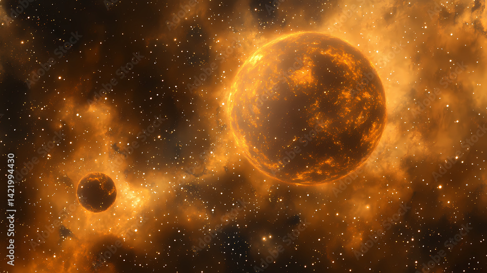 Glowing nebulae tendrils wrap around celestial spheres, nebular, radiant. Nebular Wrap. Illustration