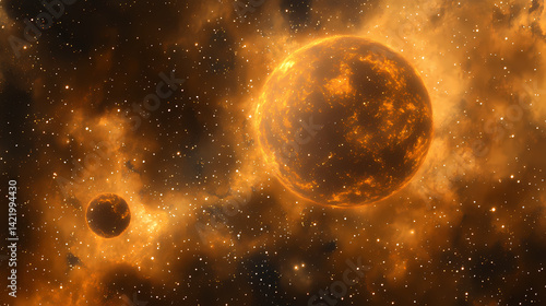 Obraz na płótnie Glowing nebulae tendrils wrap around celestial spheres, nebular, radiant. Nebular Wrap. Illustration w salonie