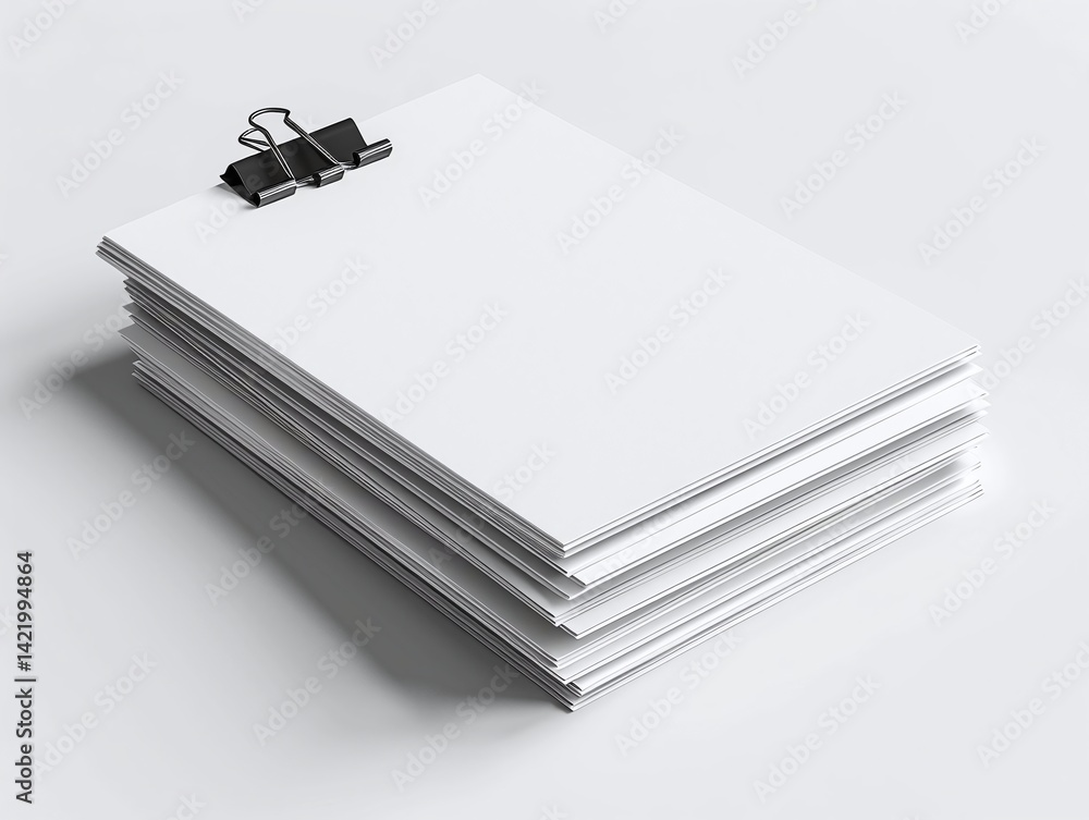 A stack of blank sheets of paper held together by a black clip on a clean, white surface A stack of blank sheets of paper held together by a black clip on a clean, white surface
