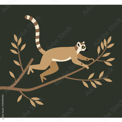 Ring-tailed lemur climbing tree branch with beige leaves on dark background vector illustration 