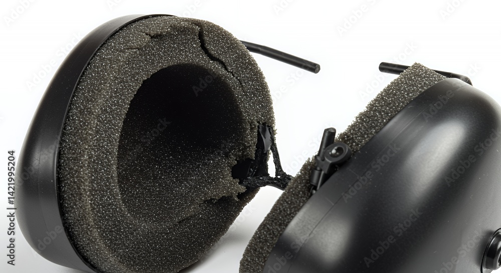 Broken Ear Protection Shell with Exposed Foam on White Background