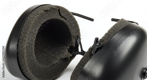 Obraz na płótnie Broken Ear Protection Shell with Exposed Foam on White Background w salonie