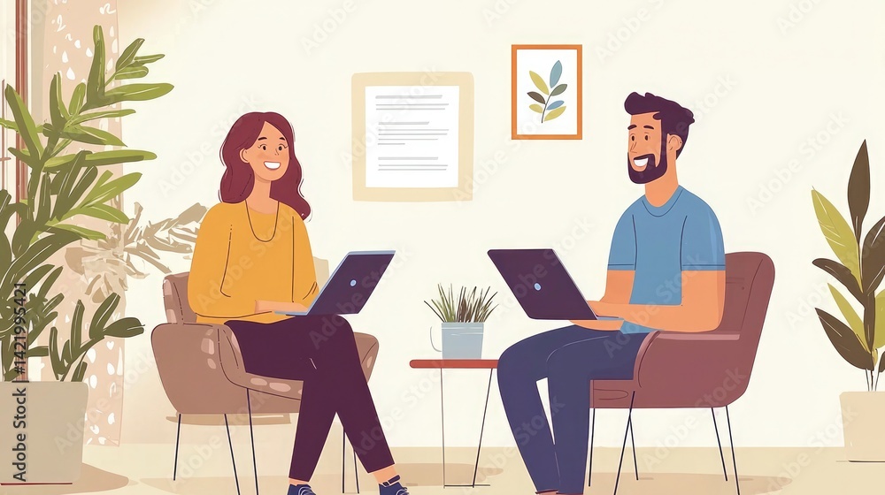 Two people working on laptops in a cozy, plant-filled space. Two people working on laptops in a cozy, plant-filled space.