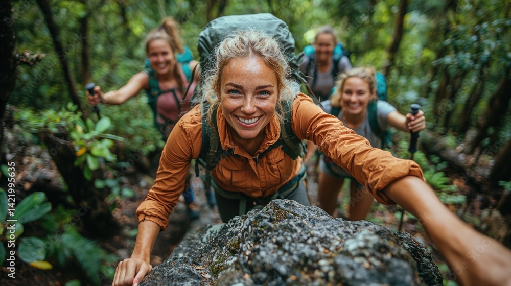 Joyful hikers ascending a rocky trail surrounded by lush greenery.