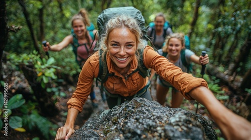 Joyful hikers ascending a rocky trail surrounded by lush greenery.