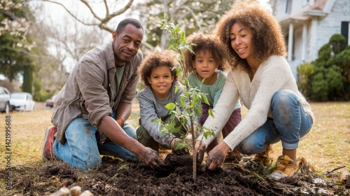 Family planting a tree together in a garden setting.