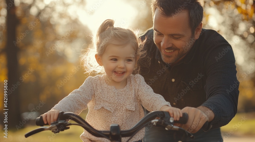 A joyful moment between a father and daughter on a bike ride.