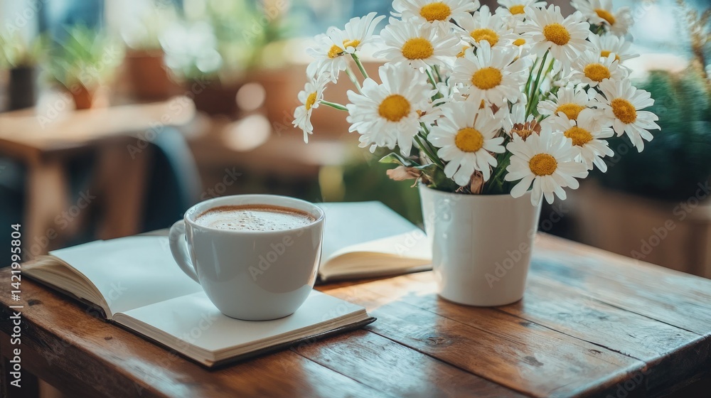 Cozy scene with coffee, flowers, and an open book on a wooden table.