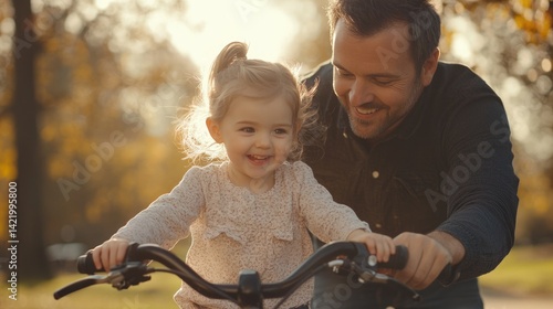 A joyful moment between a father and daughter on a bike ride.