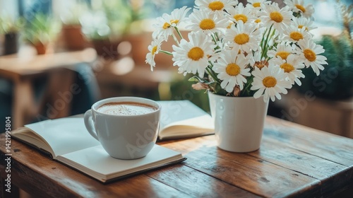 Obraz na płótnie Cozy scene with coffee, flowers, and an open book on a wooden table. w salonie